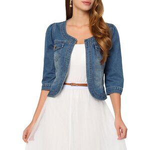 Women's Denim Jacket Collarless 2025 Cardigan 3/4 Sleeve Crop Jean Jackets